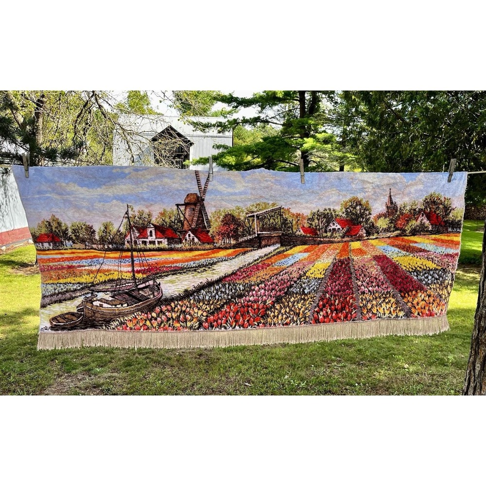 Vintage Velvet Chenille Tapestry Dutch Windmill Tulip Field Wall Hanging 69x24